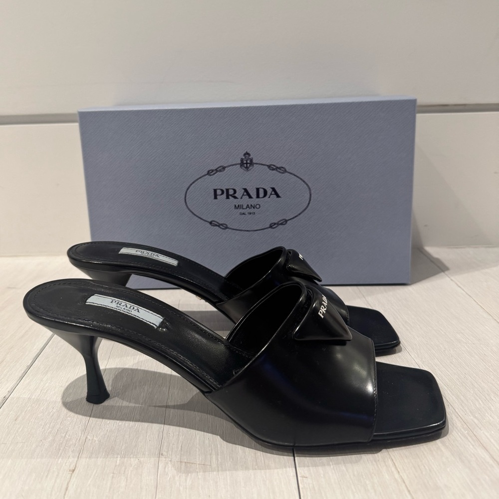Black Leather Prada Mules with Prada Logo - Picture 4 of 6